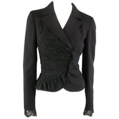 VALENTINO Size 8 Black Wool & Draped Ruffle Lace Wrap Jacket 1