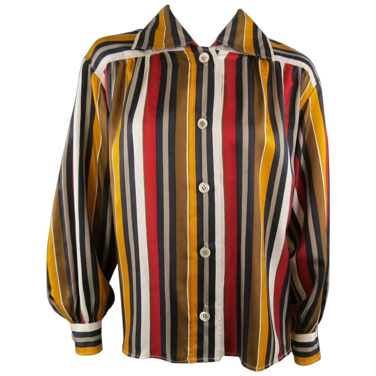 Vintage SAINT LAURENT Rive Gauche Size 8 Gold & Red Striped Silk Blouse