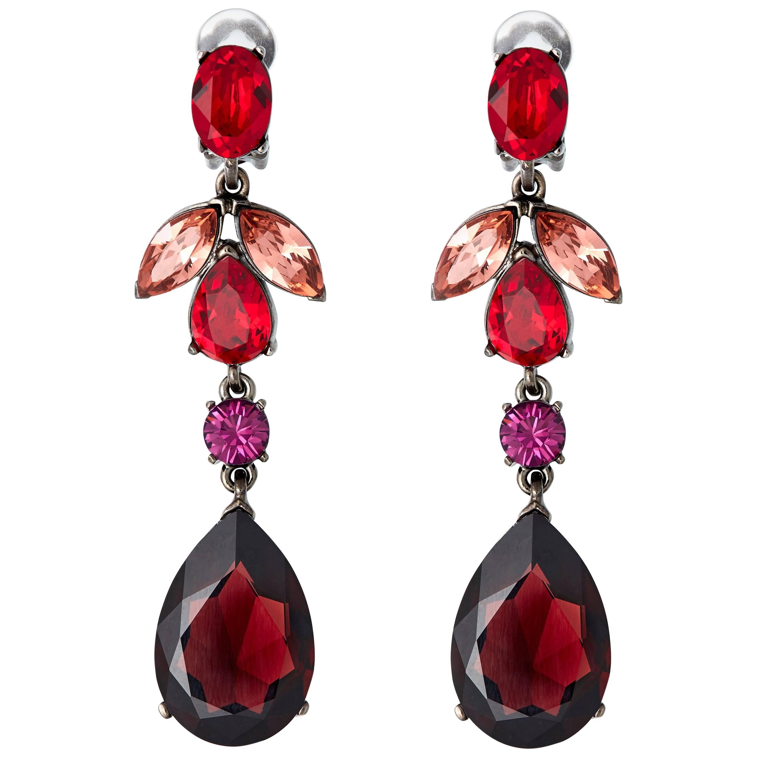 Oscar de la Renta Red Crystal Clip Earrings  For Sale