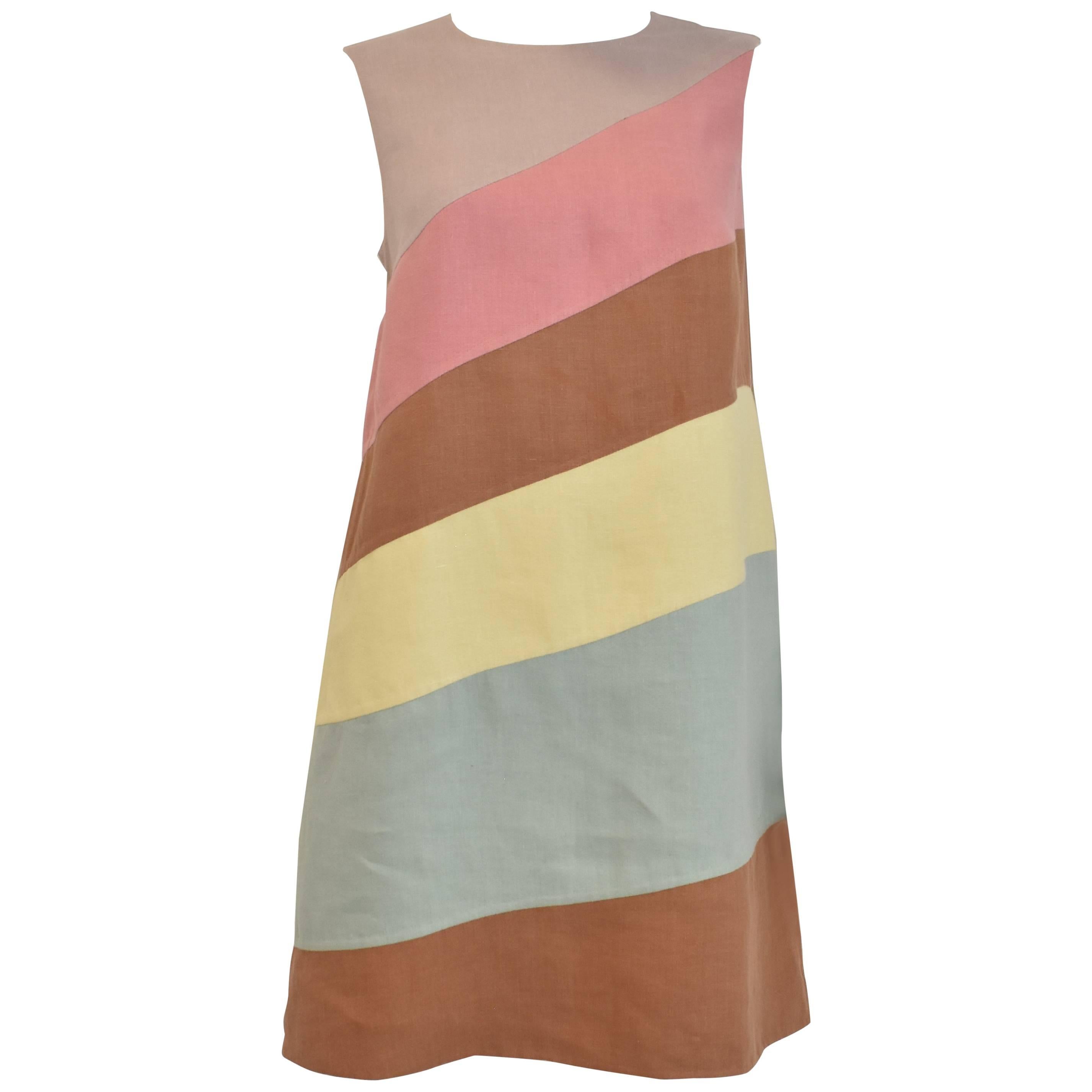 Valentino Multicolour Diagonal Striped Linen A-line Shift Dress  For Sale