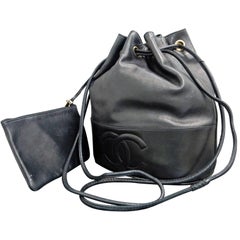 Vintage Chanel Black Lambskin Leather "CC" Drawstring Bucket Shoulder Bag with Pouch