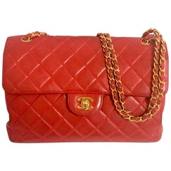 Retro CHANEL lipstick red lambskin 2.55 classic jumbo, large shoulder bag.