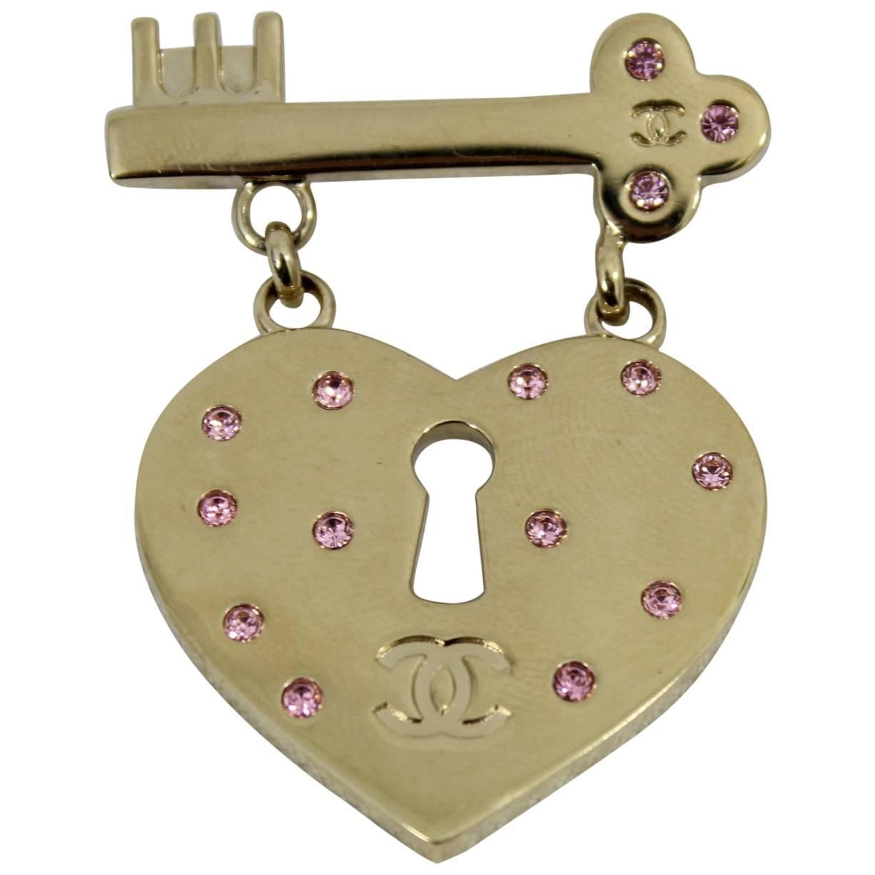 Chanel Lovely Heart and Key Brooch with pink stones. 