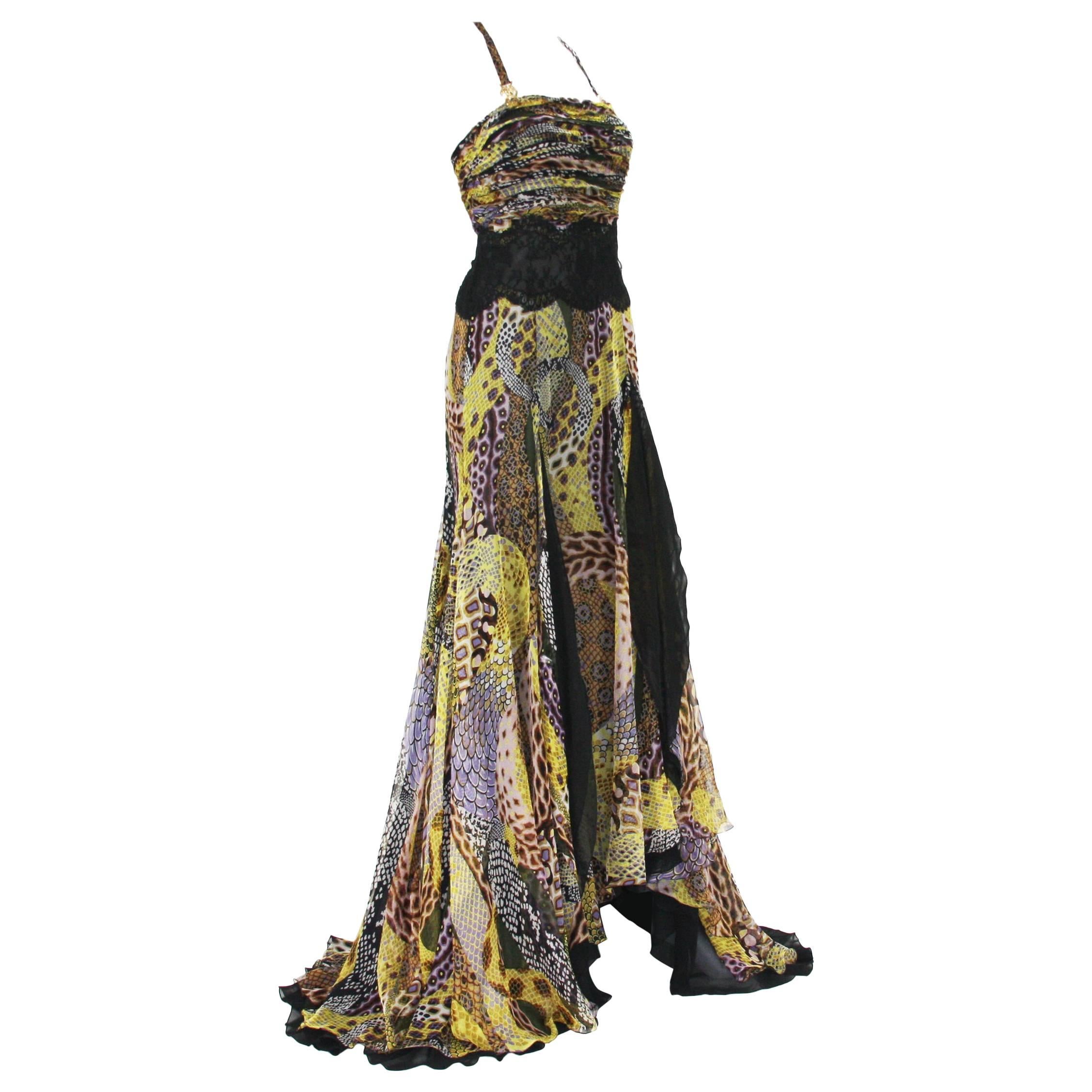 Versace 2005 Silk Snake Print Sheer Lace Medusa Embellished Dress Gown For Sale