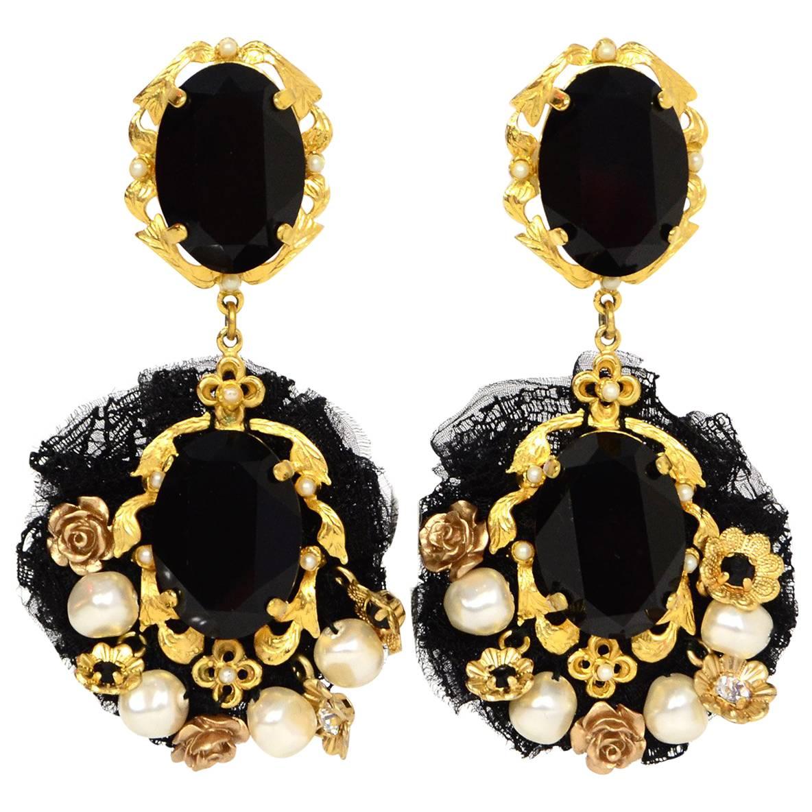 Dolce & Gabbana Black Lace & Crystal Embellished Clip On Earrings