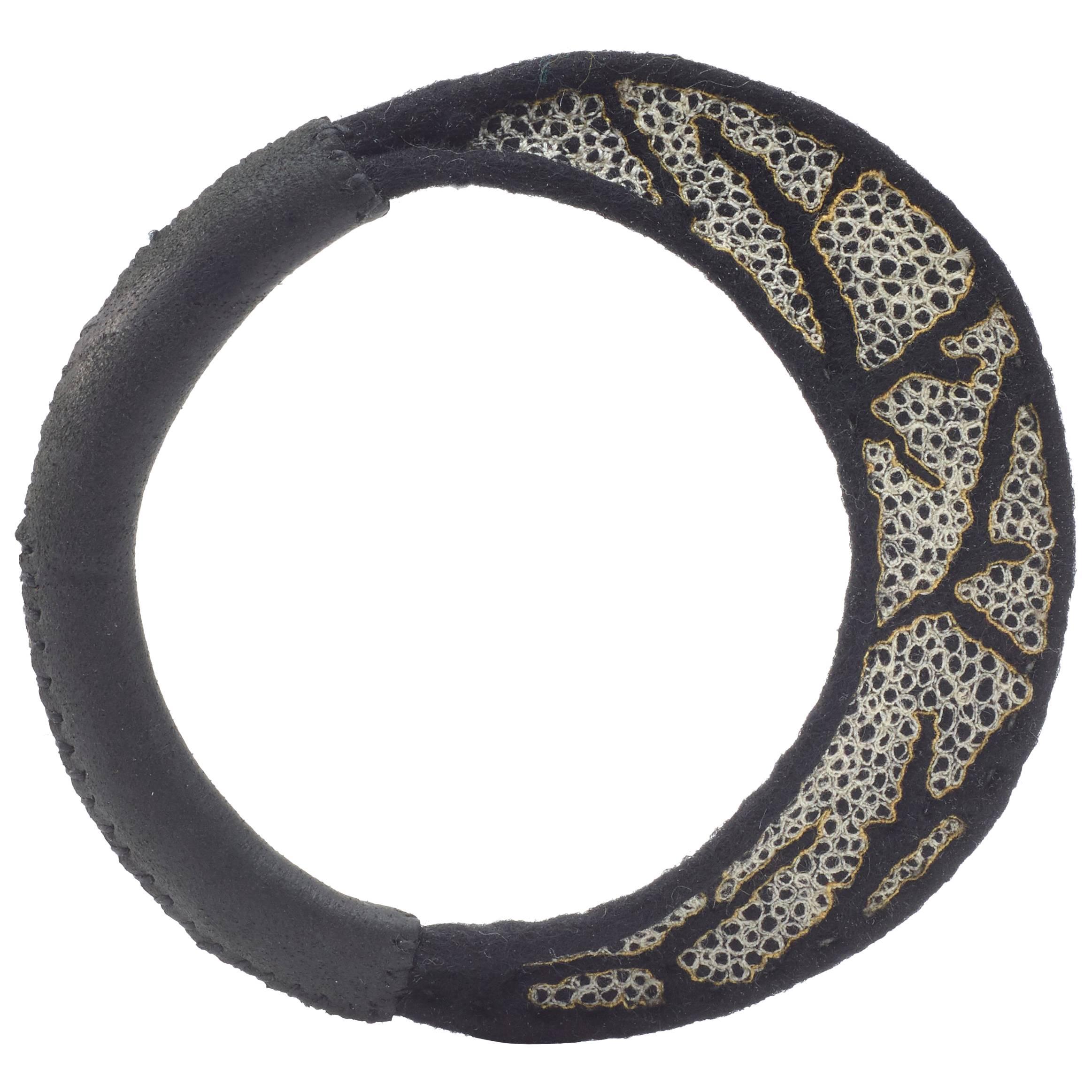 Black Wool Bracelet with White Circular Stitching For Sale