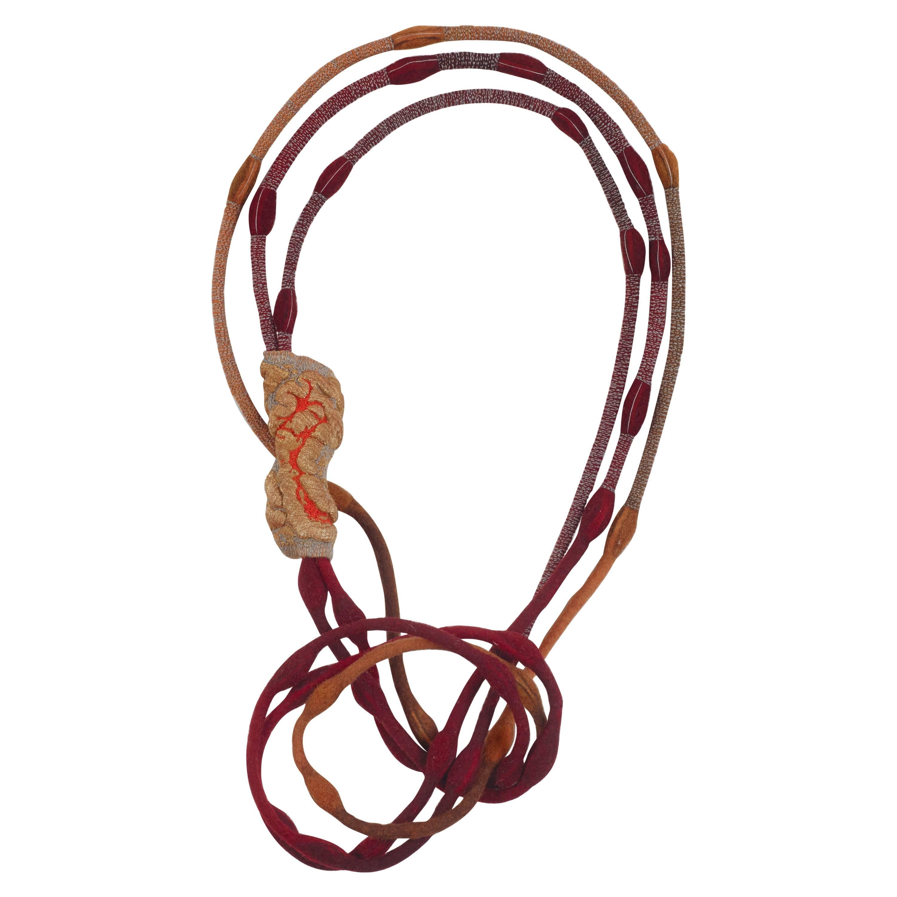 Short Golden Lava Cocoon Necklace with 2 Red and 1 Orange Cord For Sale