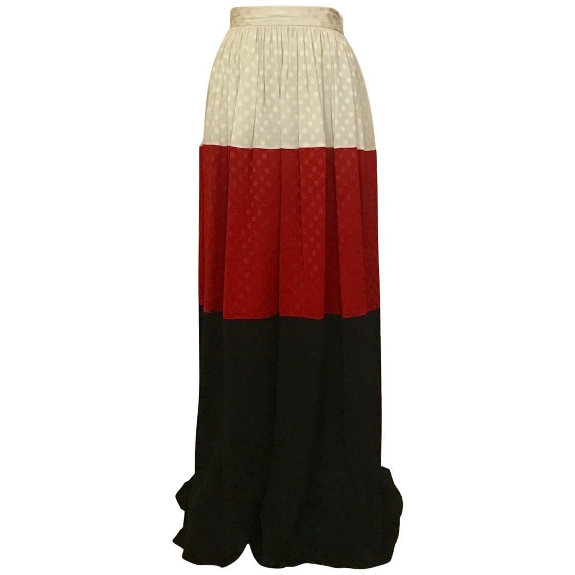 Michaele Vollbracht Red Black White Silk Color Block Polka dot Maxi Skirt, 1980s