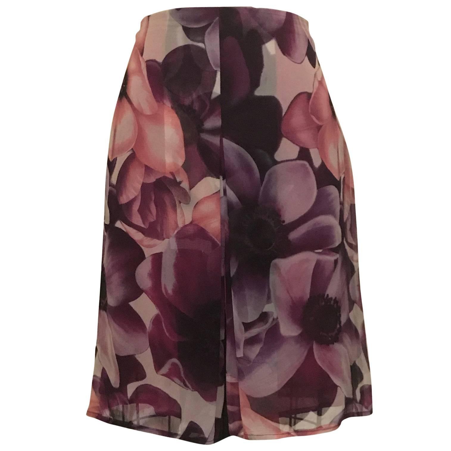 Gianni Versace Couture Purple Floral Print Silk Chiffon Skirt, 1990s 