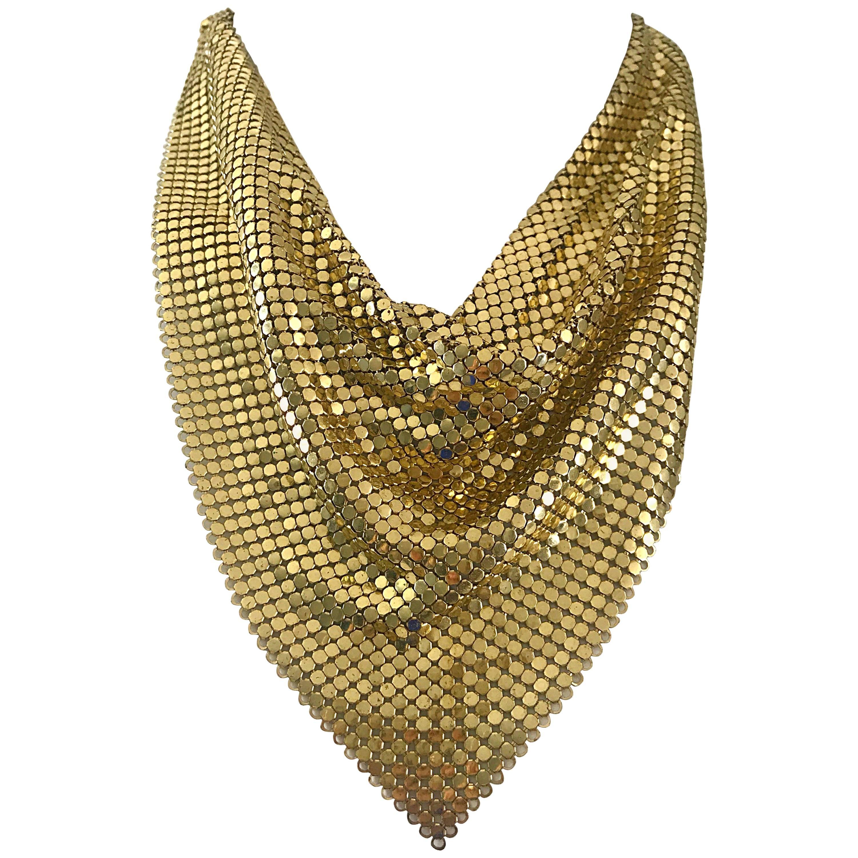 1970s Whiting & Davis Gold Metal Chain Mail Mesh Collar Vintage 70s Bib Necklace