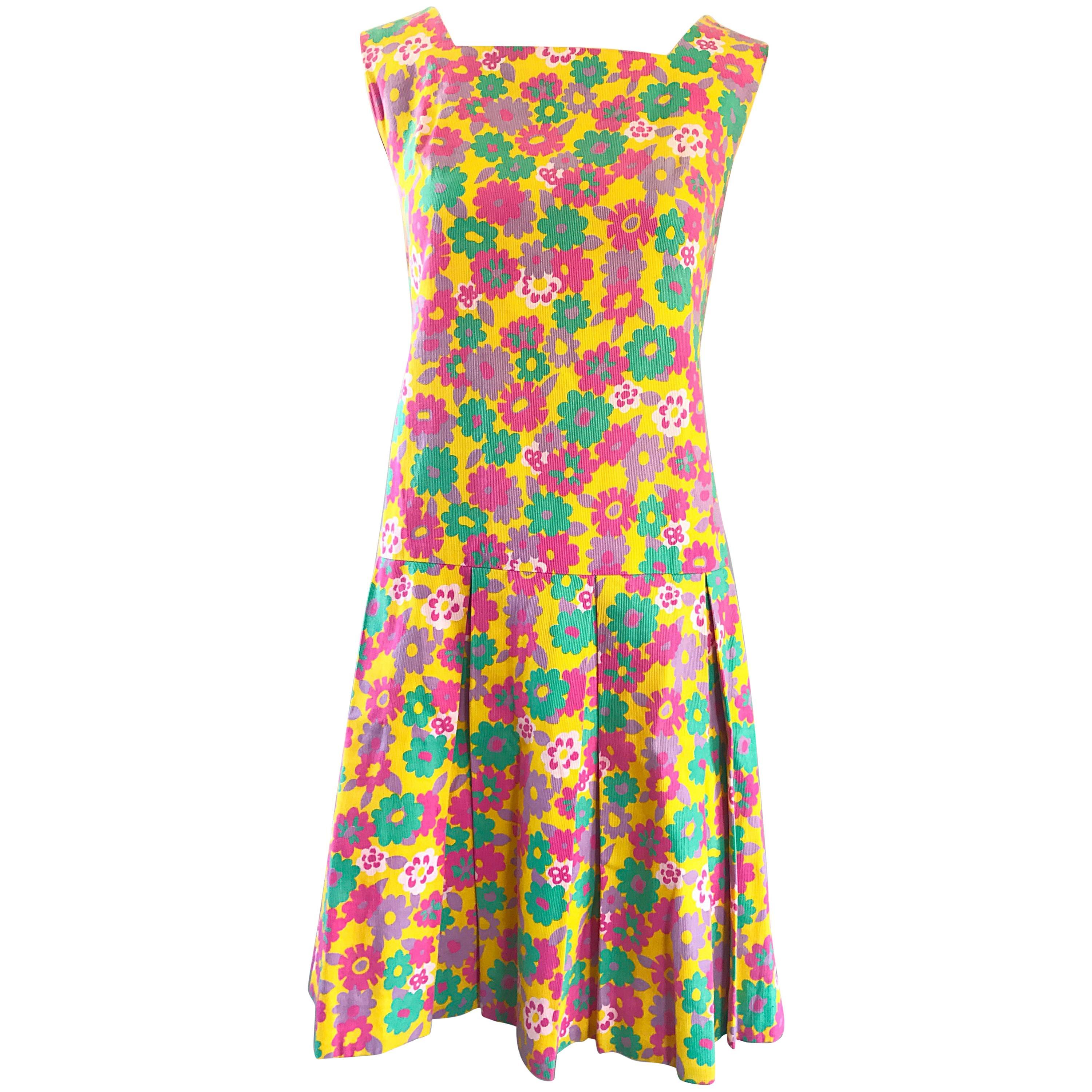 1960s Yellow + Pink + Green Flower Power Cotton Vintage 60s Scooter Dress Twiggy