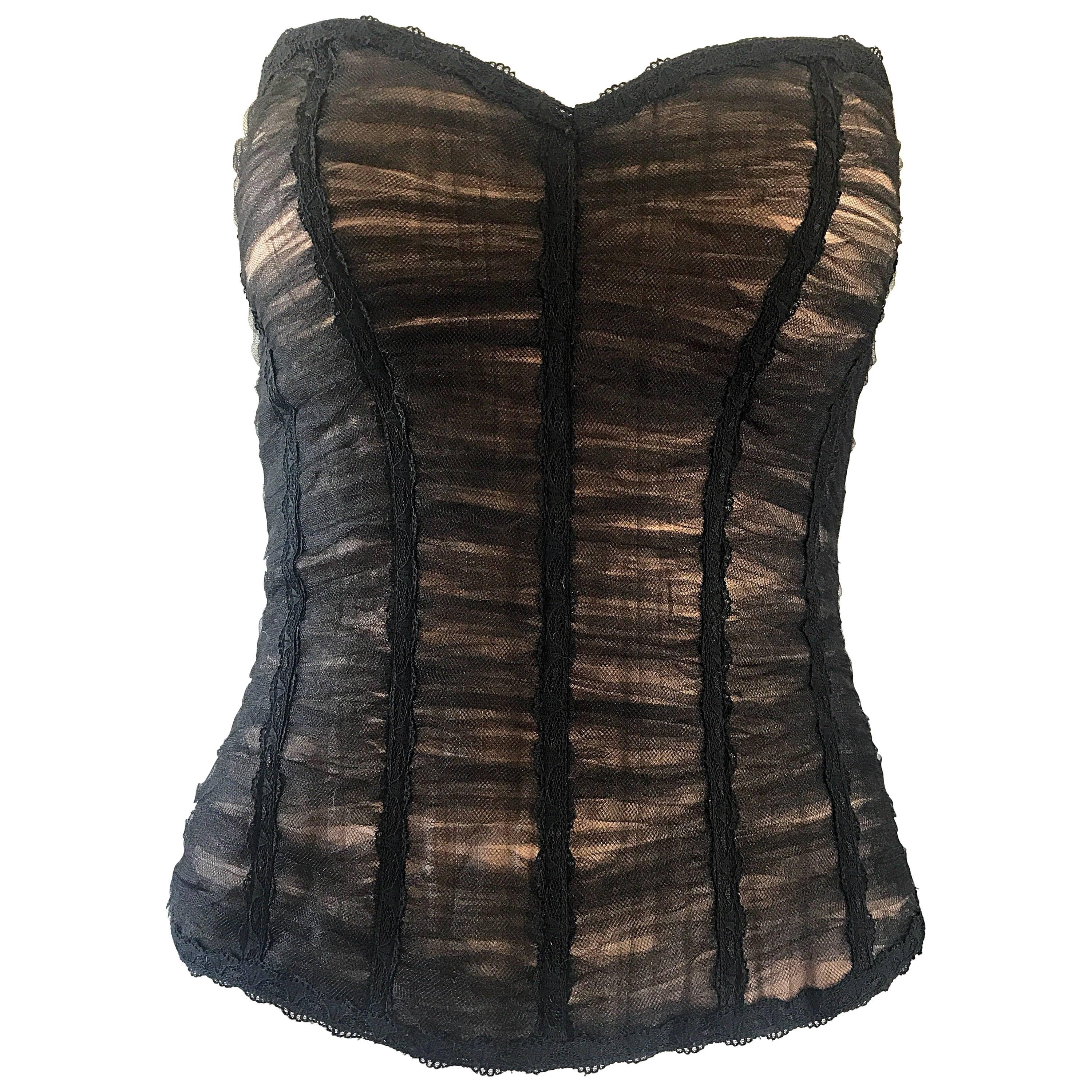 Rene Ruiz Couture Black and Nude Strapless Silk Net Overlay Bustier Corset Top For Sale