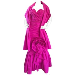 1980s Lilli Diamond Fuchsia Hot Pink Strapless Avant Garde Gown and Sash Stole