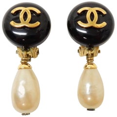 Vintage Chanel Classic Faux Pearl with Gold Toned "CC" Clip On Earrings 