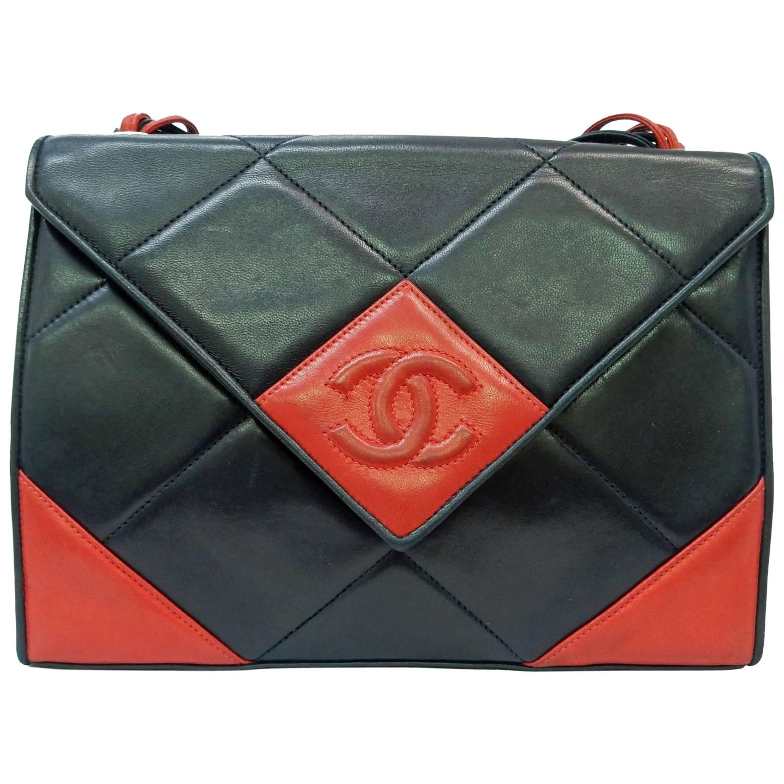 Chanel Red and Navy Quilted Lambskin with Triangle Flap Shoulder Bag