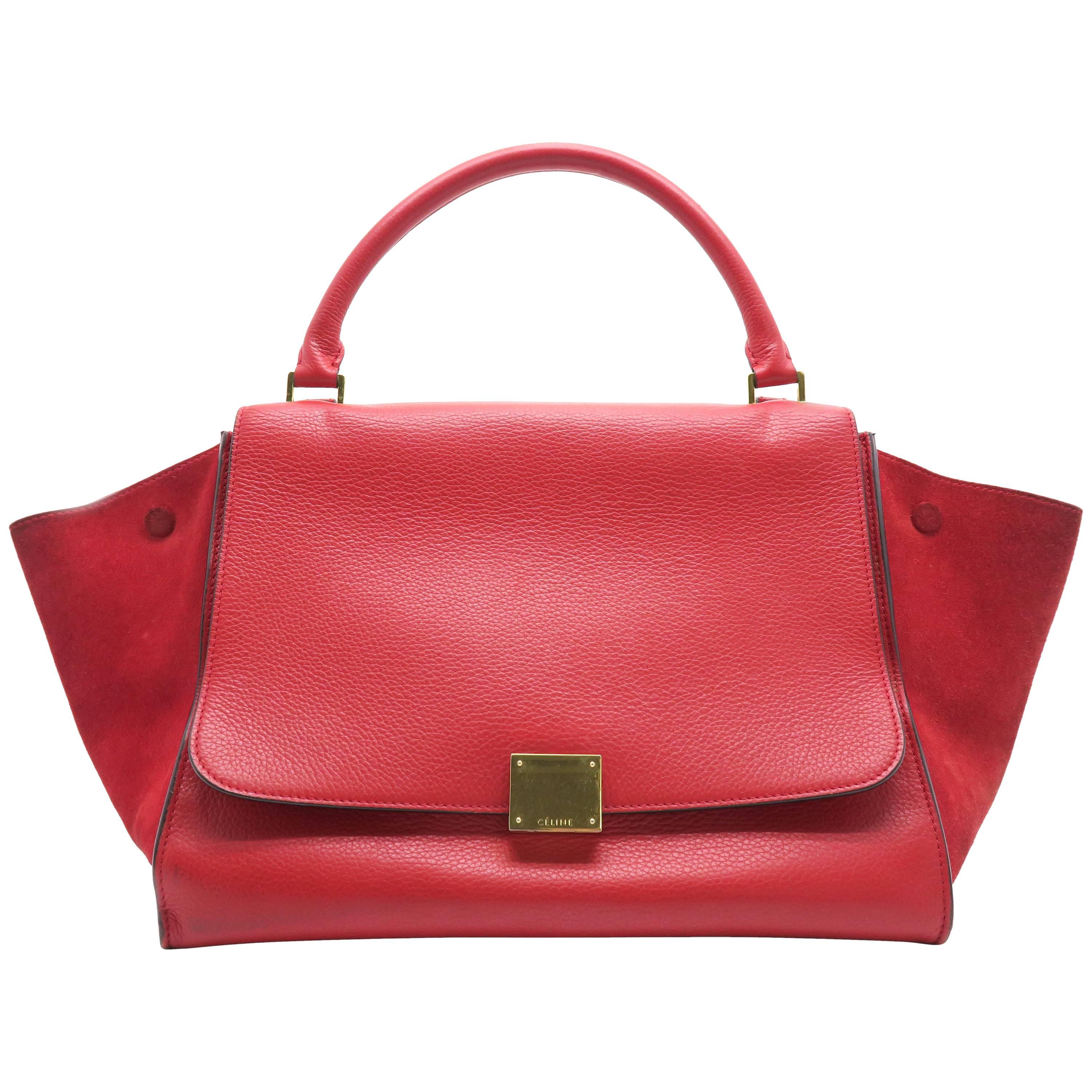 Celine Trapeze Red Calfskin Leather Suede Leather Satchel Bag