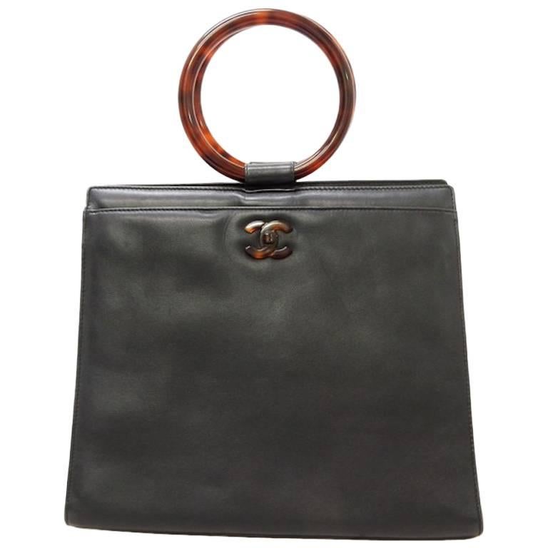 Chanel Black Lambskin Leather Tortoiseshell Handle Handbag