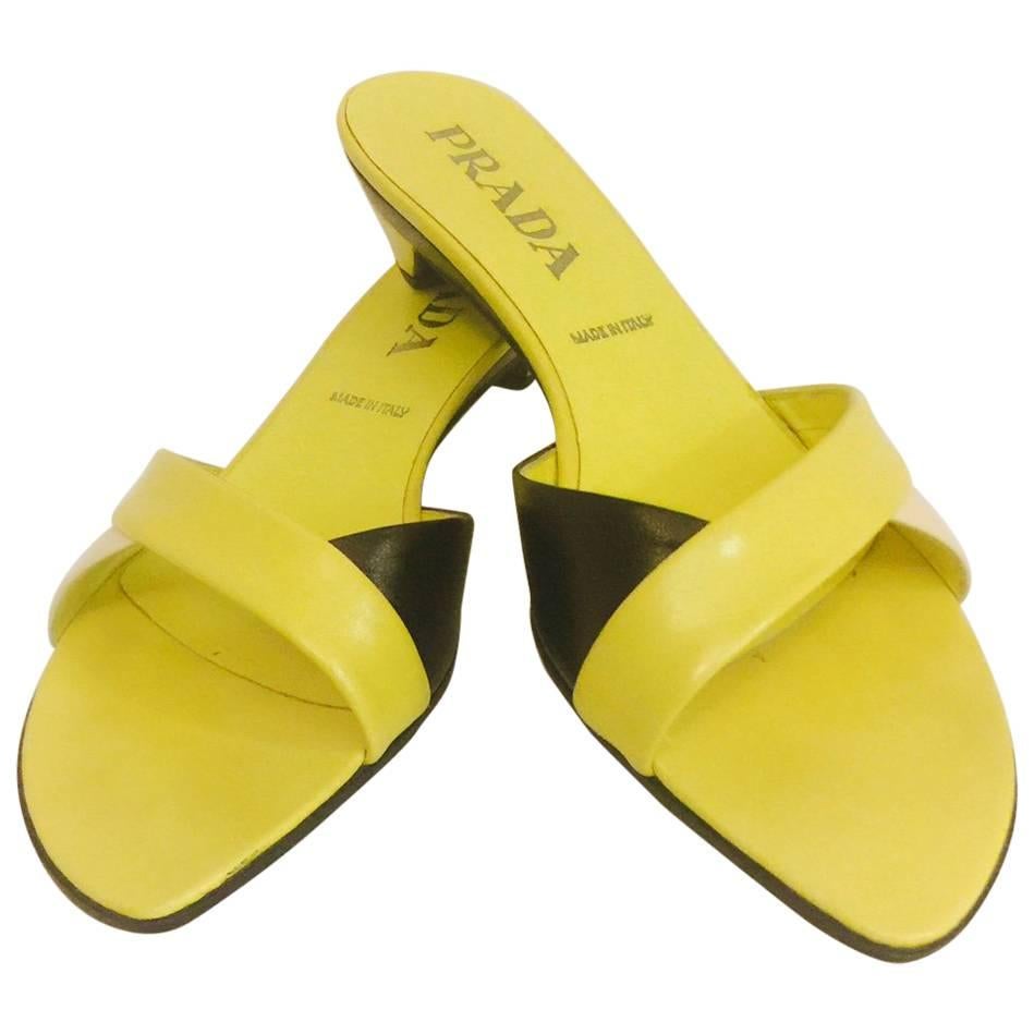  Prada Chartreuse Yellow Color Blocked Slide Sandals With Architectural Heels