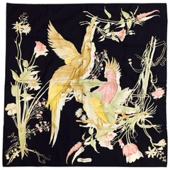 Salvatore Ferragamo Black Silk Twill Scarf Featuring Exotic Birds and Flowers