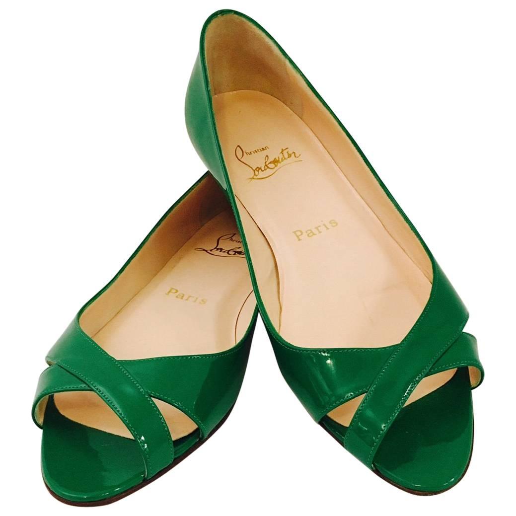 Charming Christian Louboutin Emerald Green Patent Leather Low Heels w/Peep Toe