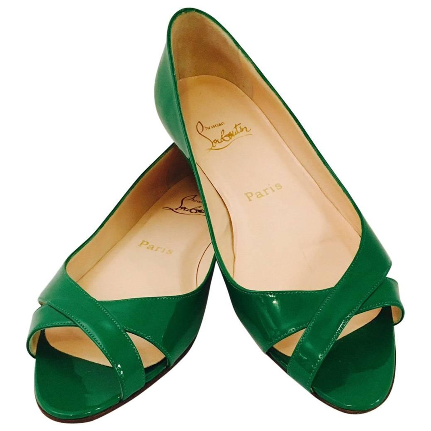 Charming Christian Louboutin Emerald Green Patent Leather Low Heels w/Peep  Toe at 1stDibs