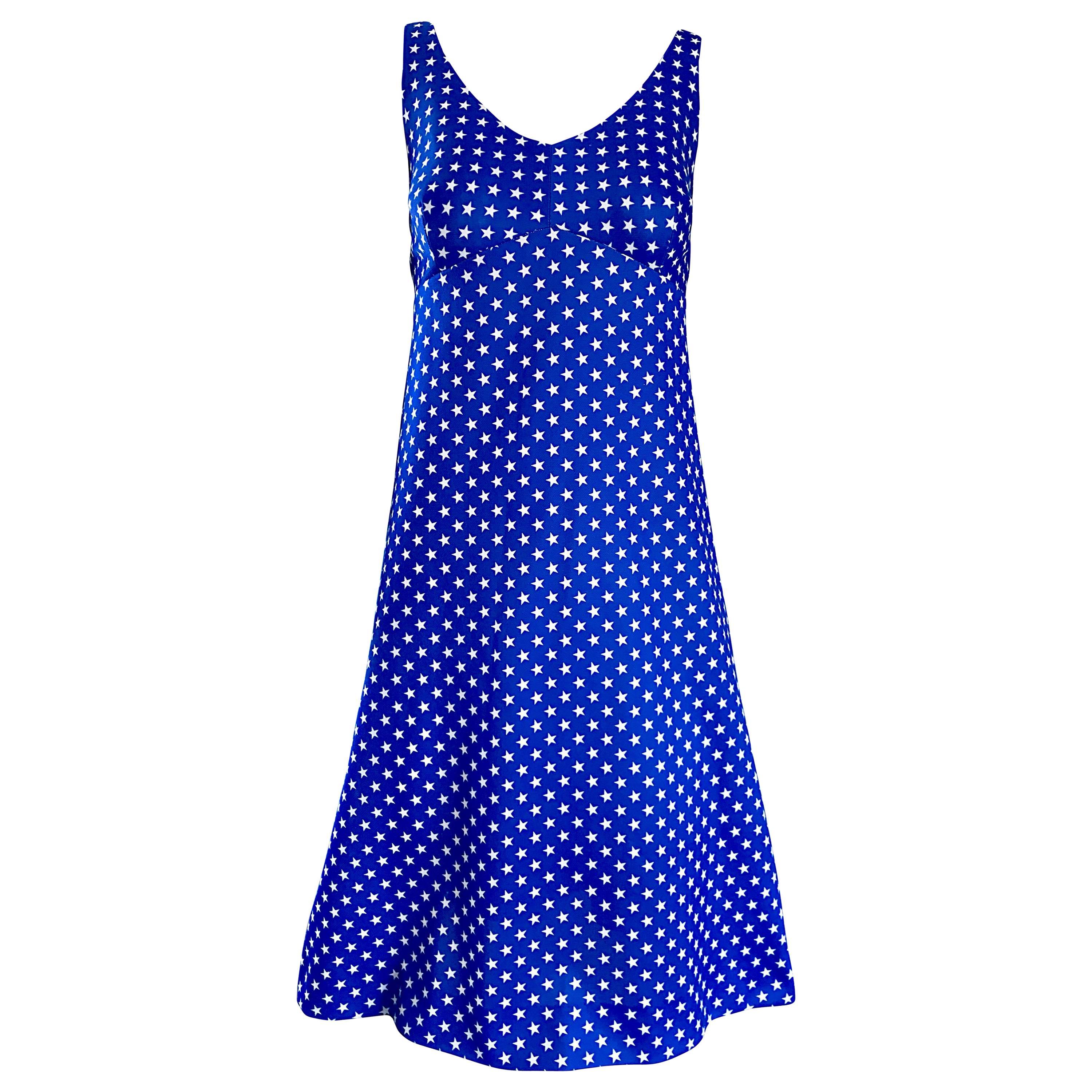 1960s Royal Blue and White Star Print A - Line Novelty Vintage 60s Dress For Sale