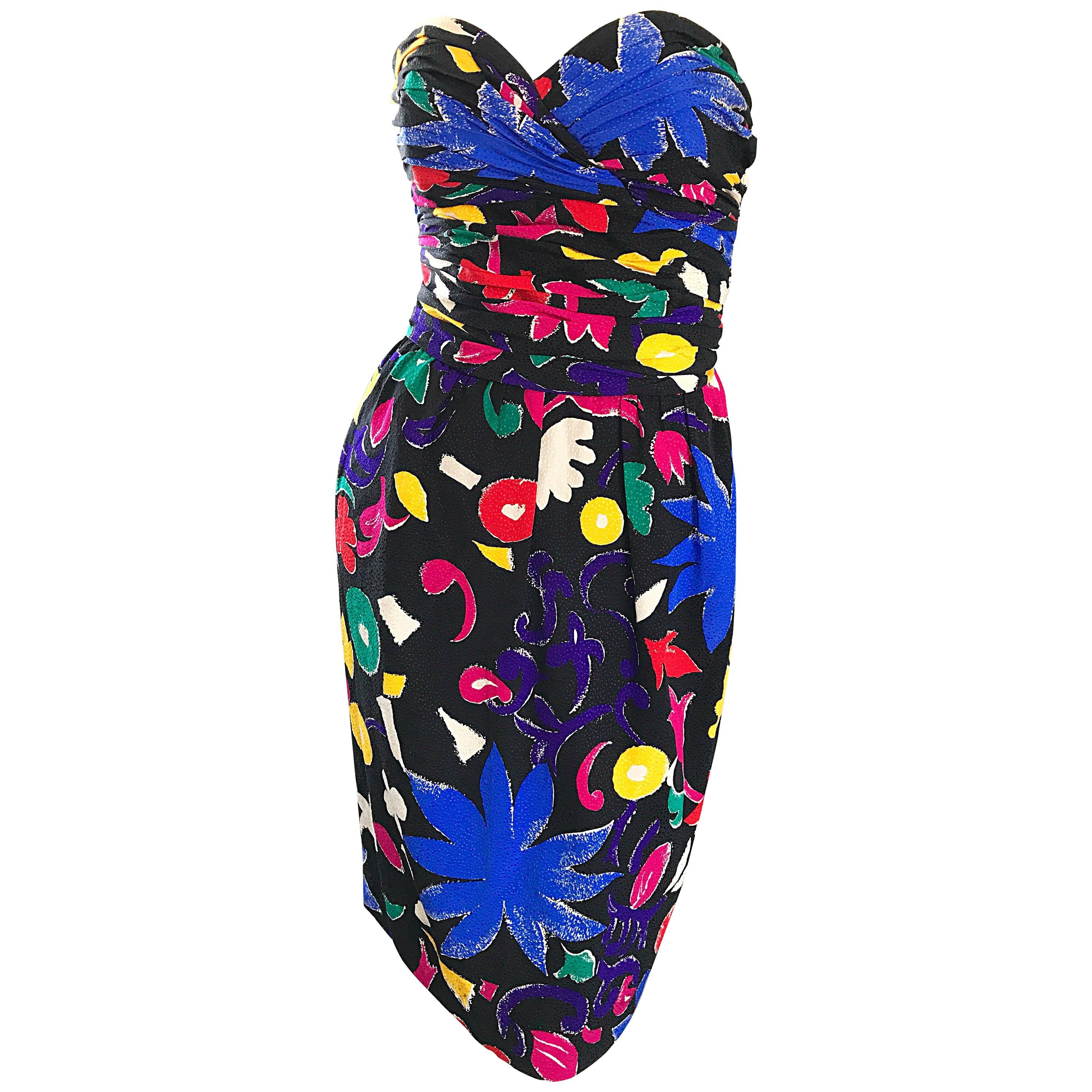 Bill Blass Colorful Flower Print Strapless Sexy Black Vintage Dress, 1980s  For Sale