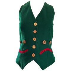 Retro 1990s Moschino Cheap & Chic Happy / Sad Hunter Green Carved Wood Waistcoat Vest