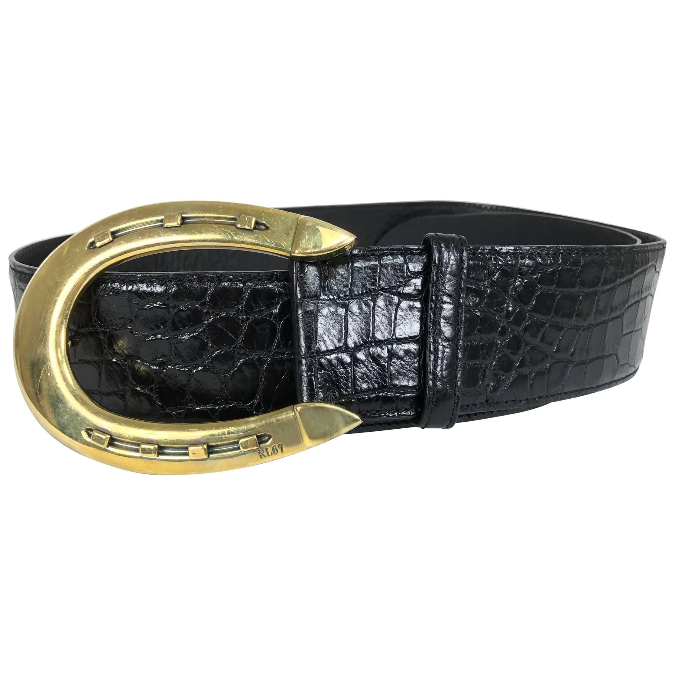 Ralph Lauren glazed black alligator belt with heavy gold horseshoe buckle