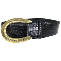 Ralph Lauren glazed black alligator belt with heavy gold horseshoe buckle