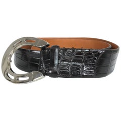 Ralph Lauren dark brown alligator belt with silver horseshoe buckle