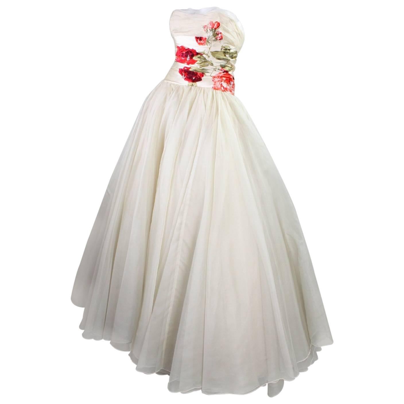 1950's Organza Ball Gown with Floral Detailing For Sale