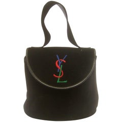 Vintage Yves Saint Laurent Chic Black Suede YSL Embroidered Handbag c 1990s