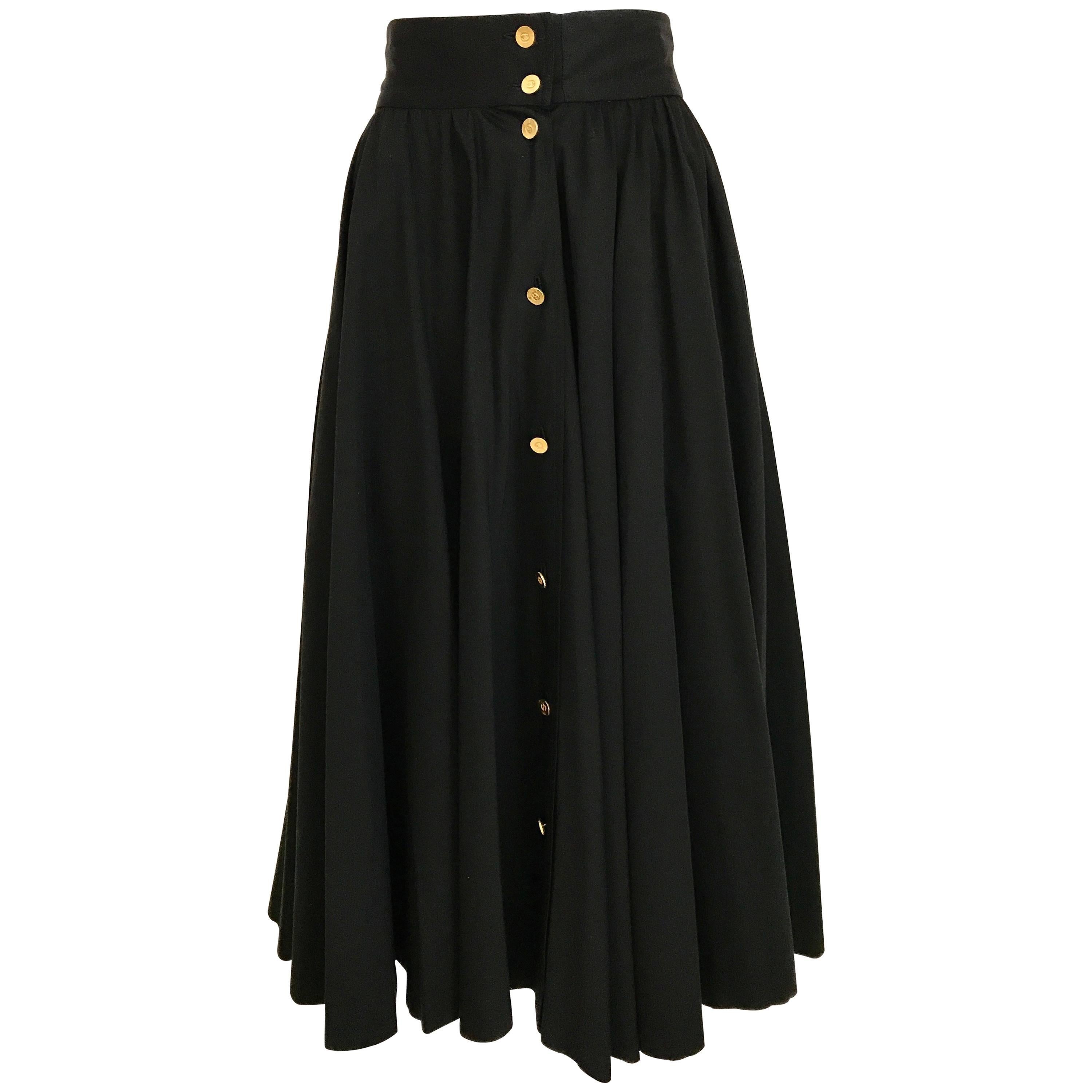 1970s CHANEL Black Cotton Skirt with Chanel Gold Button