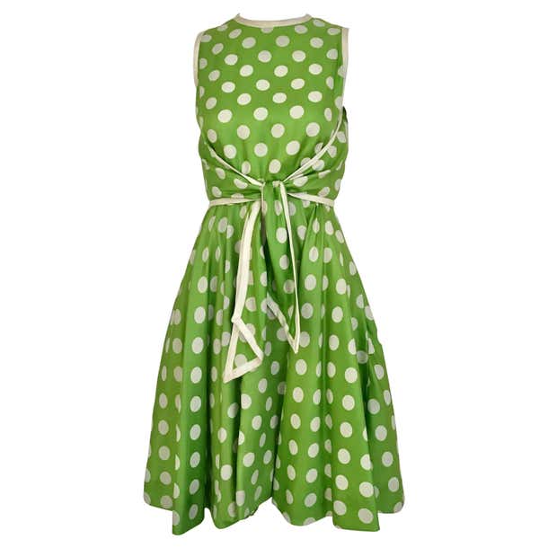 1960s TEAL TRAINA Lime Green and White Polka Dot Sleeveless Dress with ...