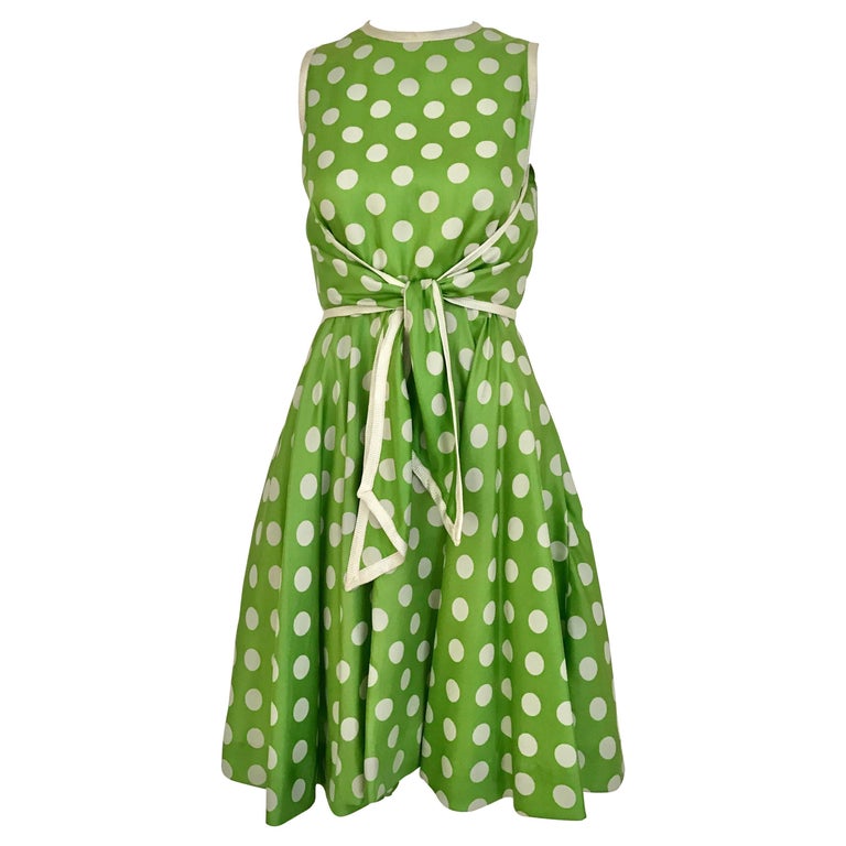 1960s TEAL TRAINA Lime Green and White Polka Dot Sleeveless Dress with Scarf For Sale