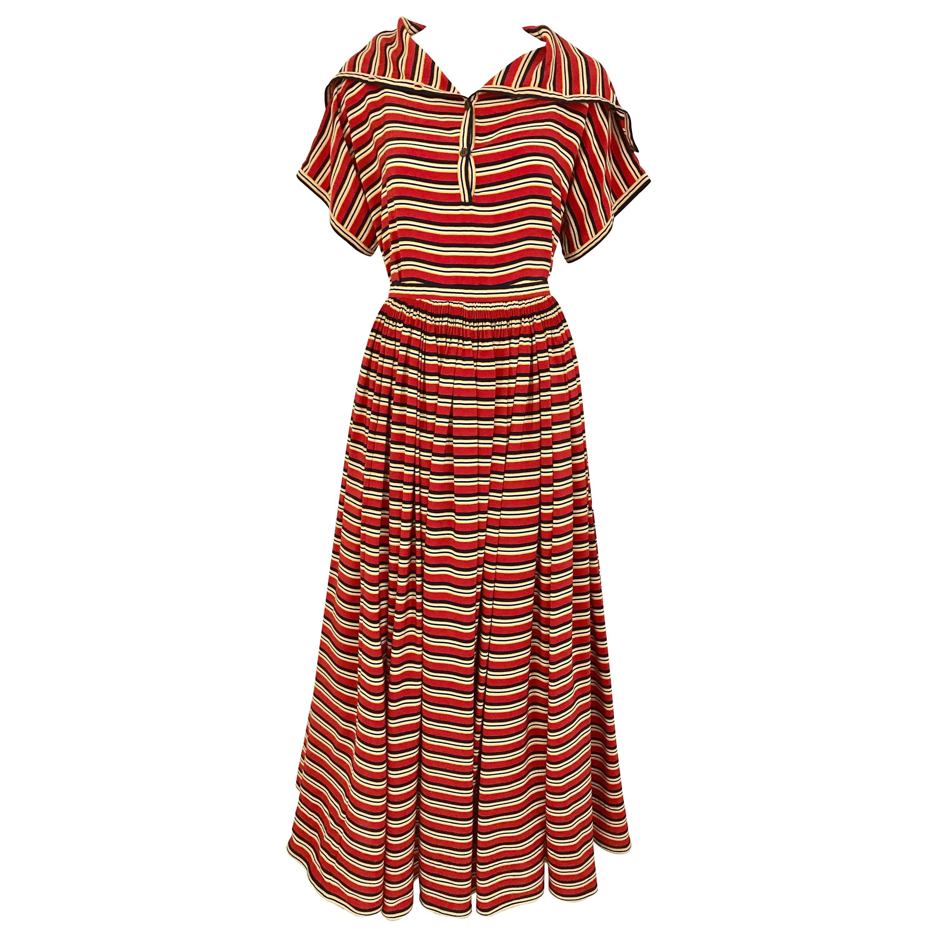 1970s Vintage GEOFFREY BEENE Red, Black and Orange Striped Silk Blouse and Skirt