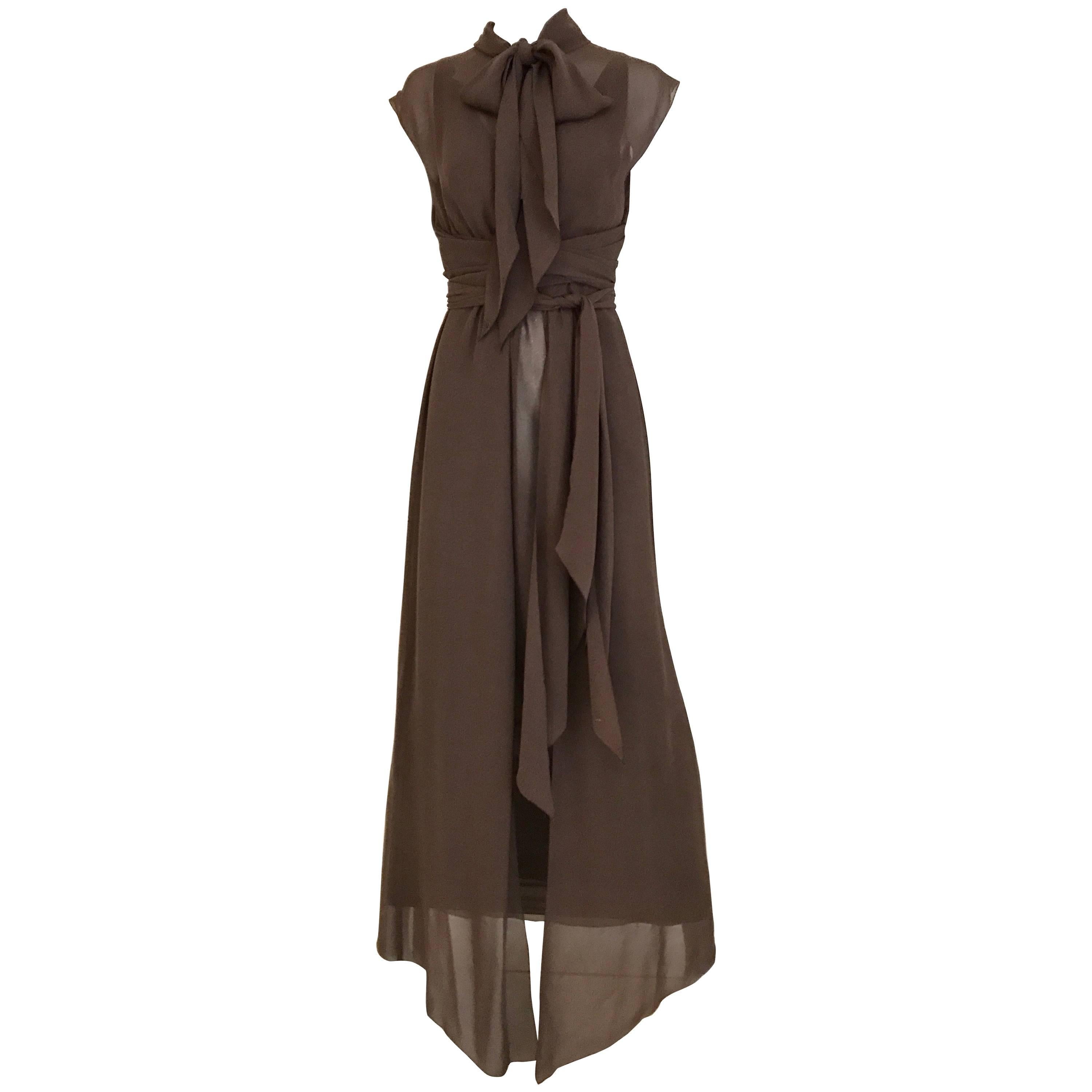 1990s CHANEL Brown Crepe Dress with Sleeveless Overlay Long Vest