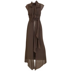 Retro 1990s CHANEL Brown Crepe Dress with Sleeveless Overlay Long Vest