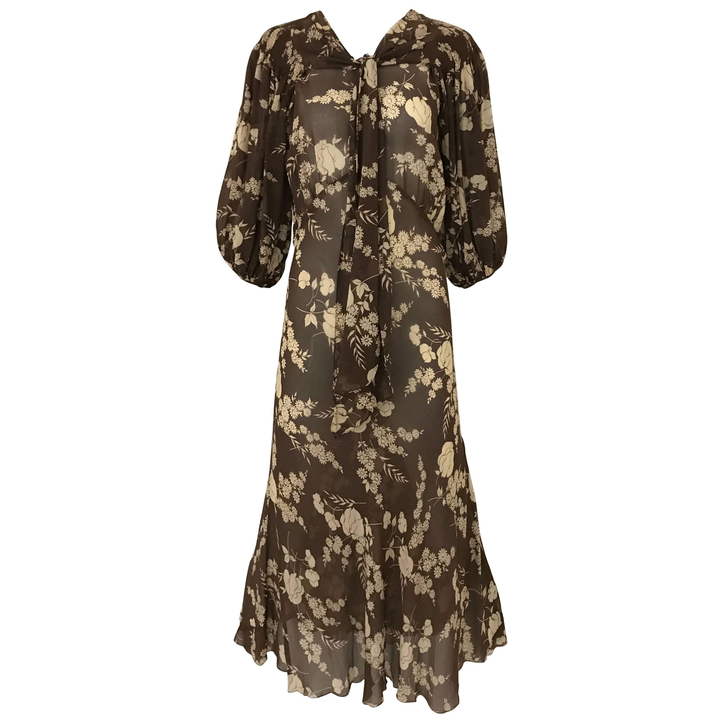 1930s Brown and Creme Floral Print Silk Dress