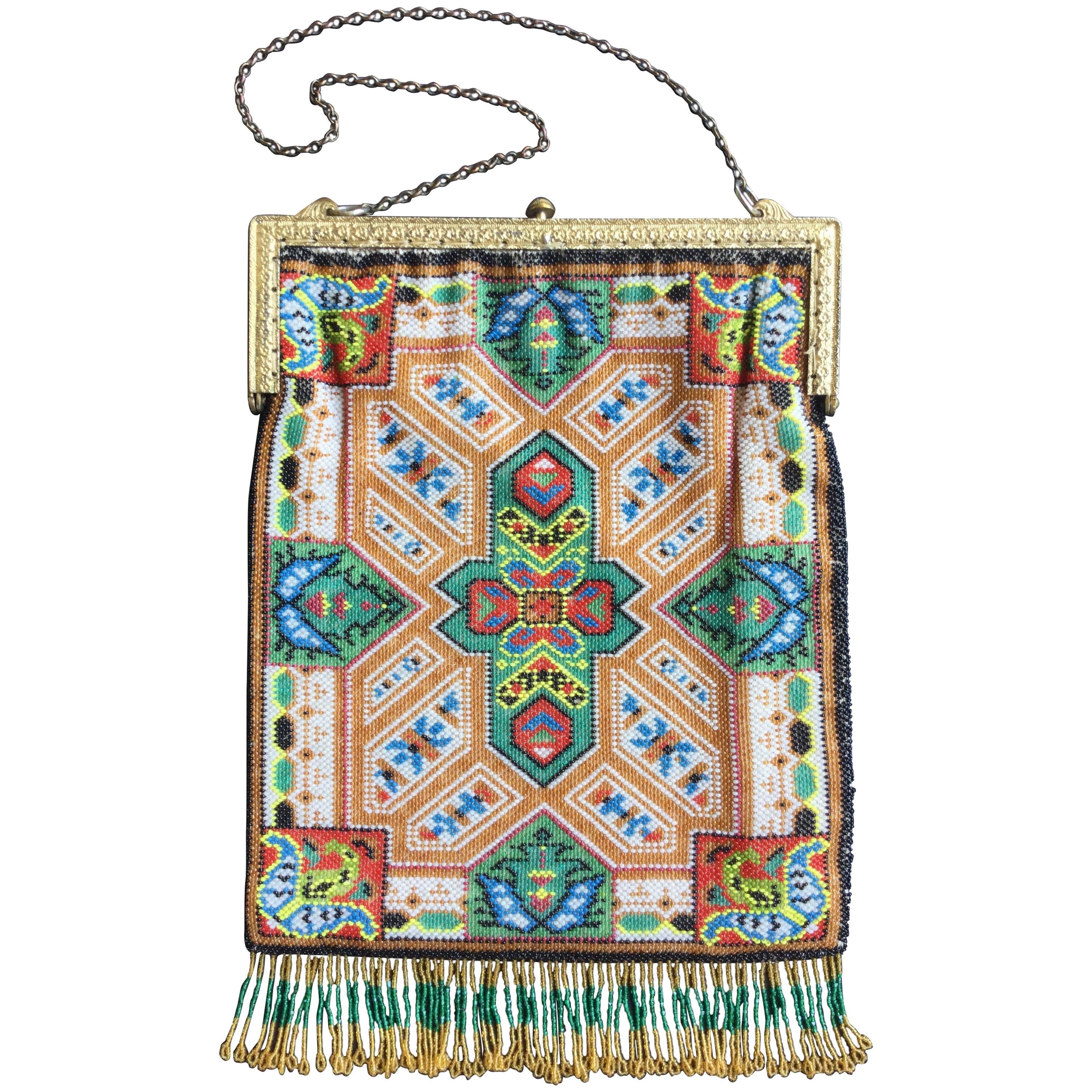 Large Victorian Beaded Bag Rare Oriental Carpet Design. 1880's.
