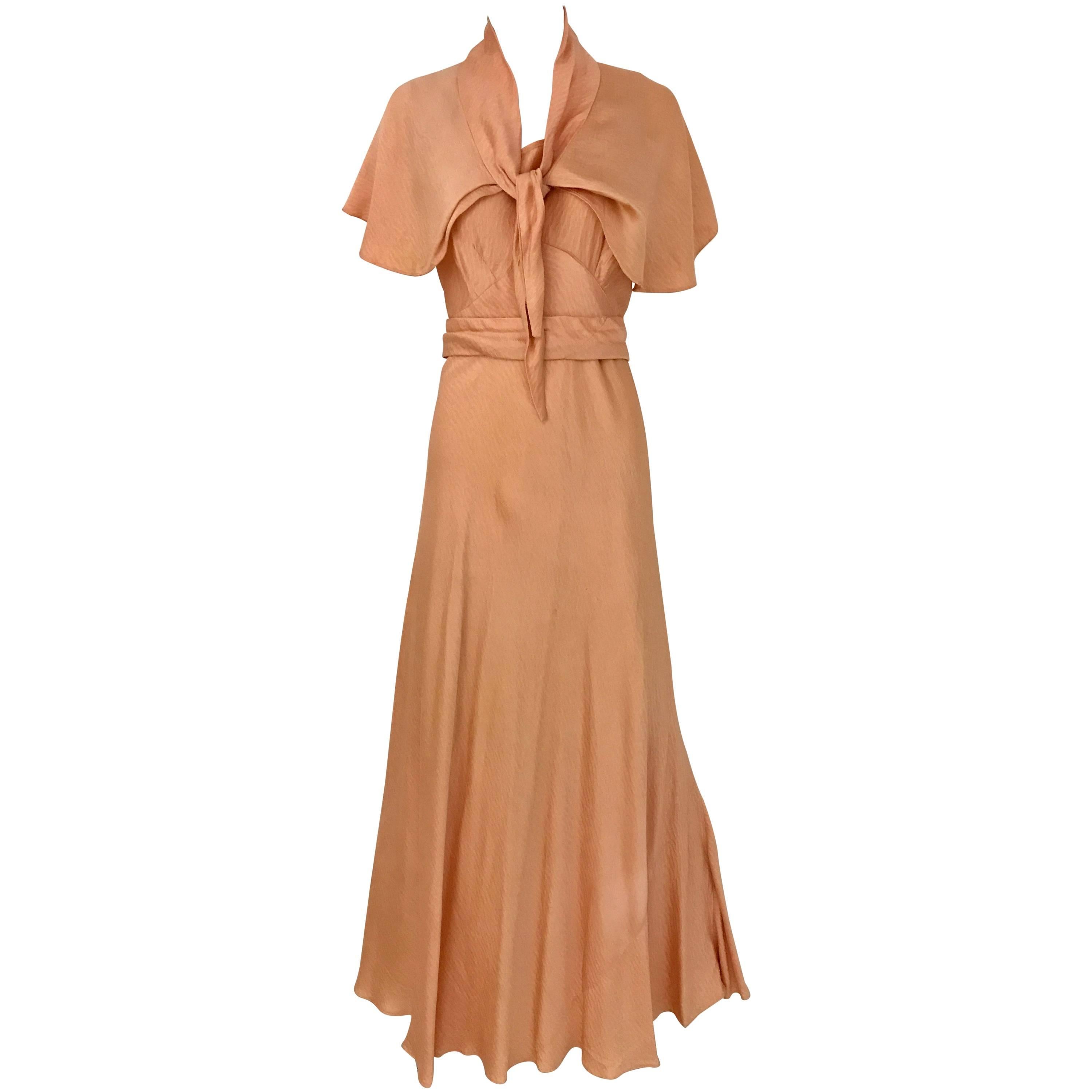 1930s Peach Silk Bias Cut Dress with Shawl Capelet 