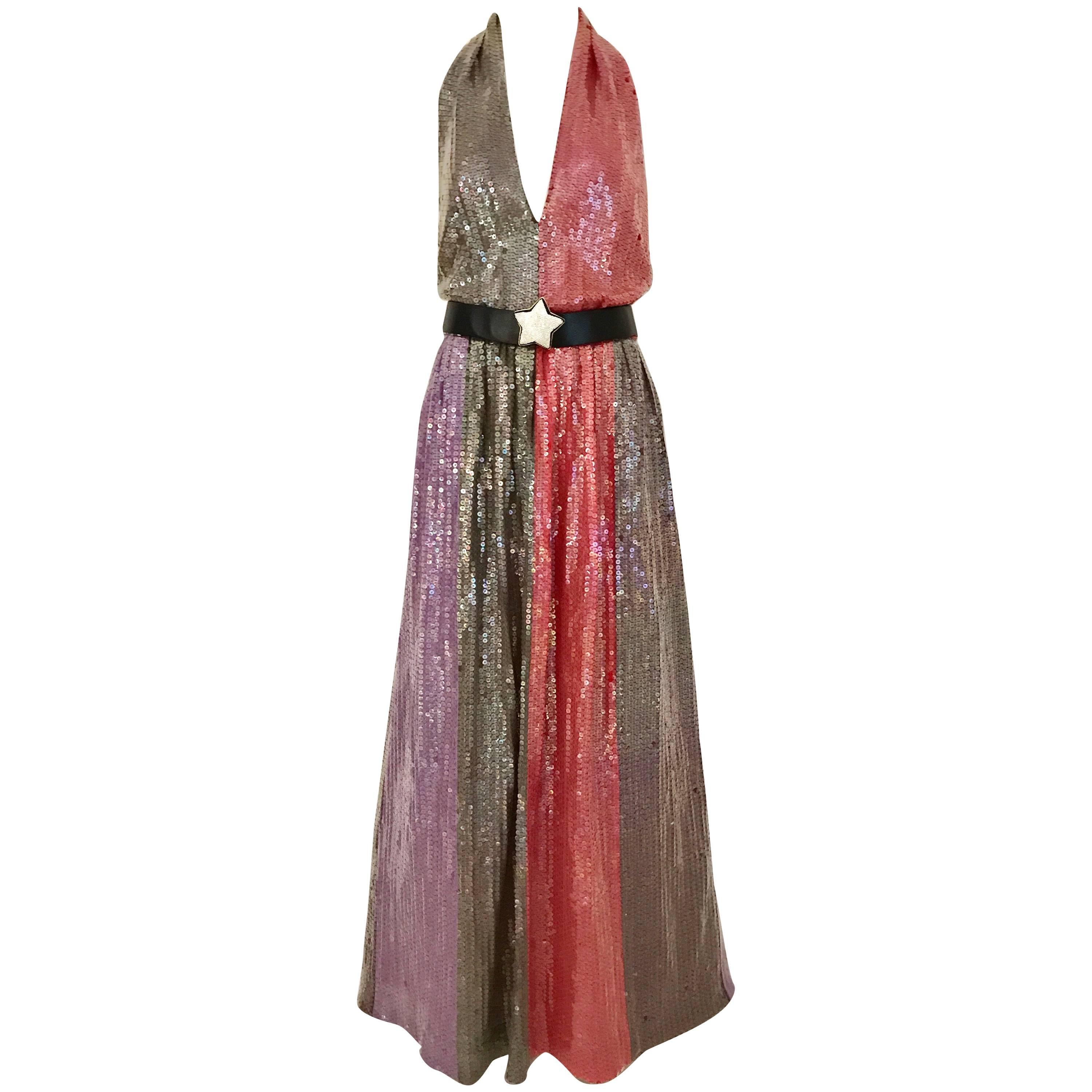 1970s BILL BLASS Red Purple and Brown Sequin V Neck Halter 70s Gown