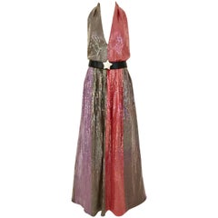 Vintage 1970s BILL BLASS Red Purple and Brown Sequin V Neck Halter 70s Gown