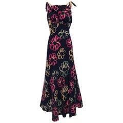 1930s Blue Silk Bias Cut Dress with Multi Color Floral Pattern