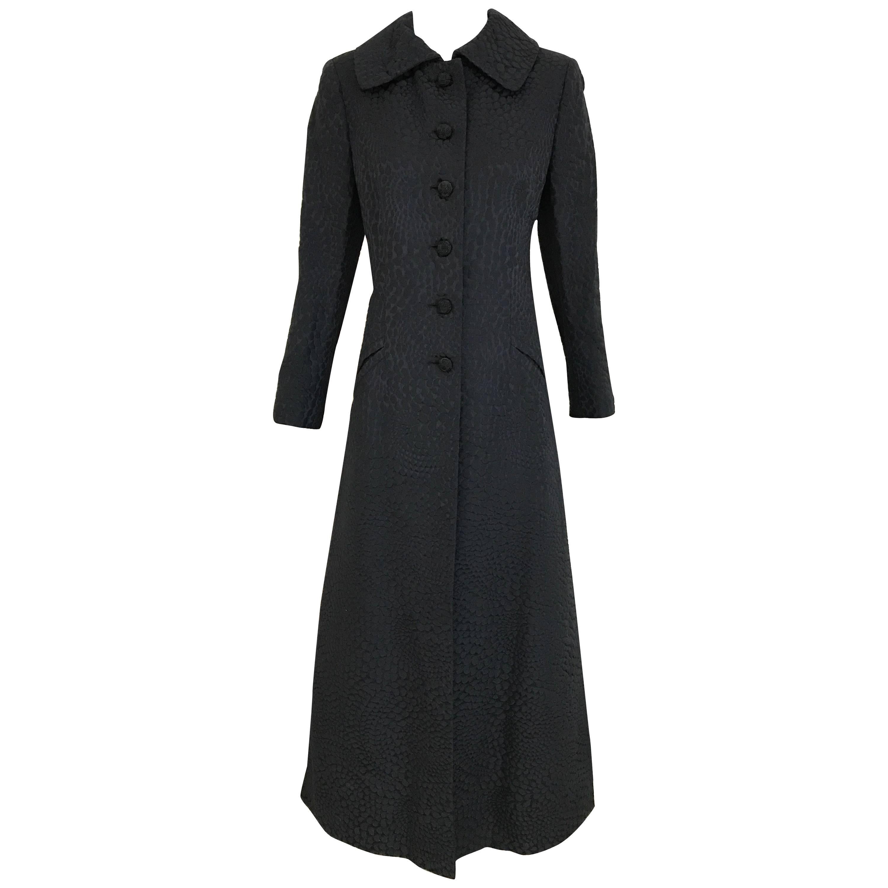 1960s Black Cotton Jacquard Fitted Long Coat, 60s