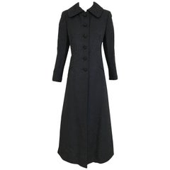 Retro 1960s Black Cotton Jacquard Fitted Long Coat, 60s