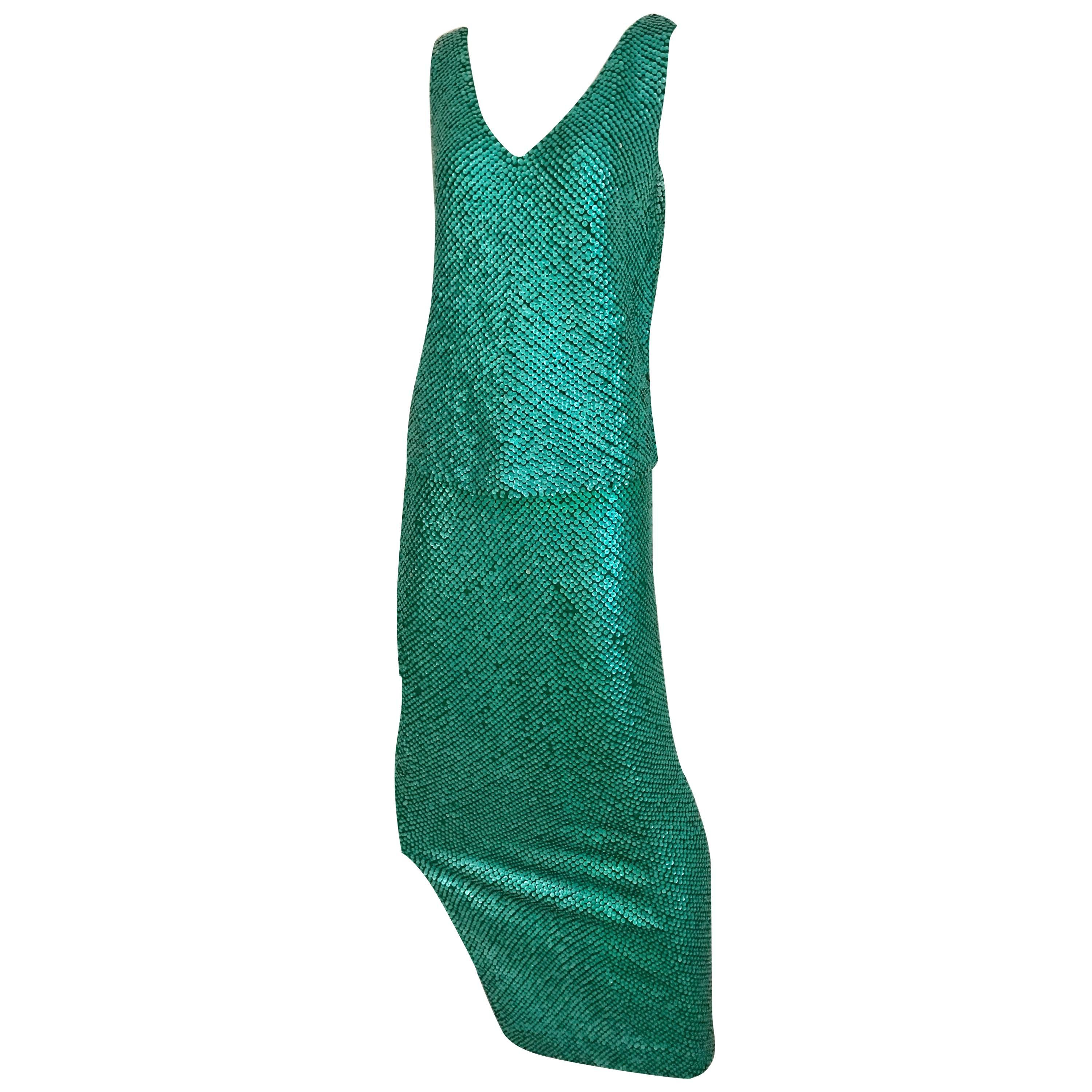 1960s Gene Shelly Emerald Green Sequin Wool Knit Sleeveless Top and Maxi Skirt 