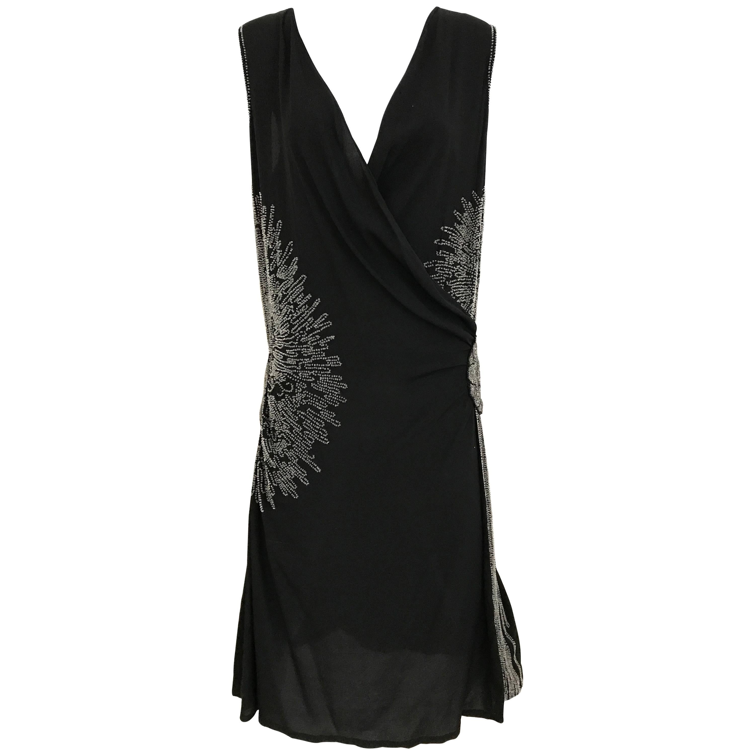 1920s Black Silk Beaded Flapper Dress Large size For Sale