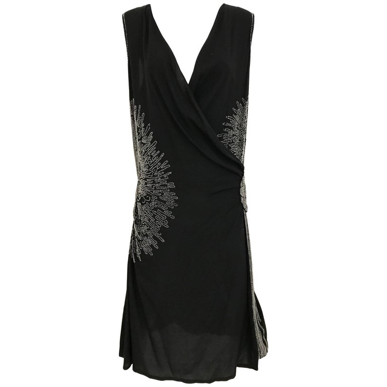 1920s Black Silk Beaded Flapper Dress Large Size